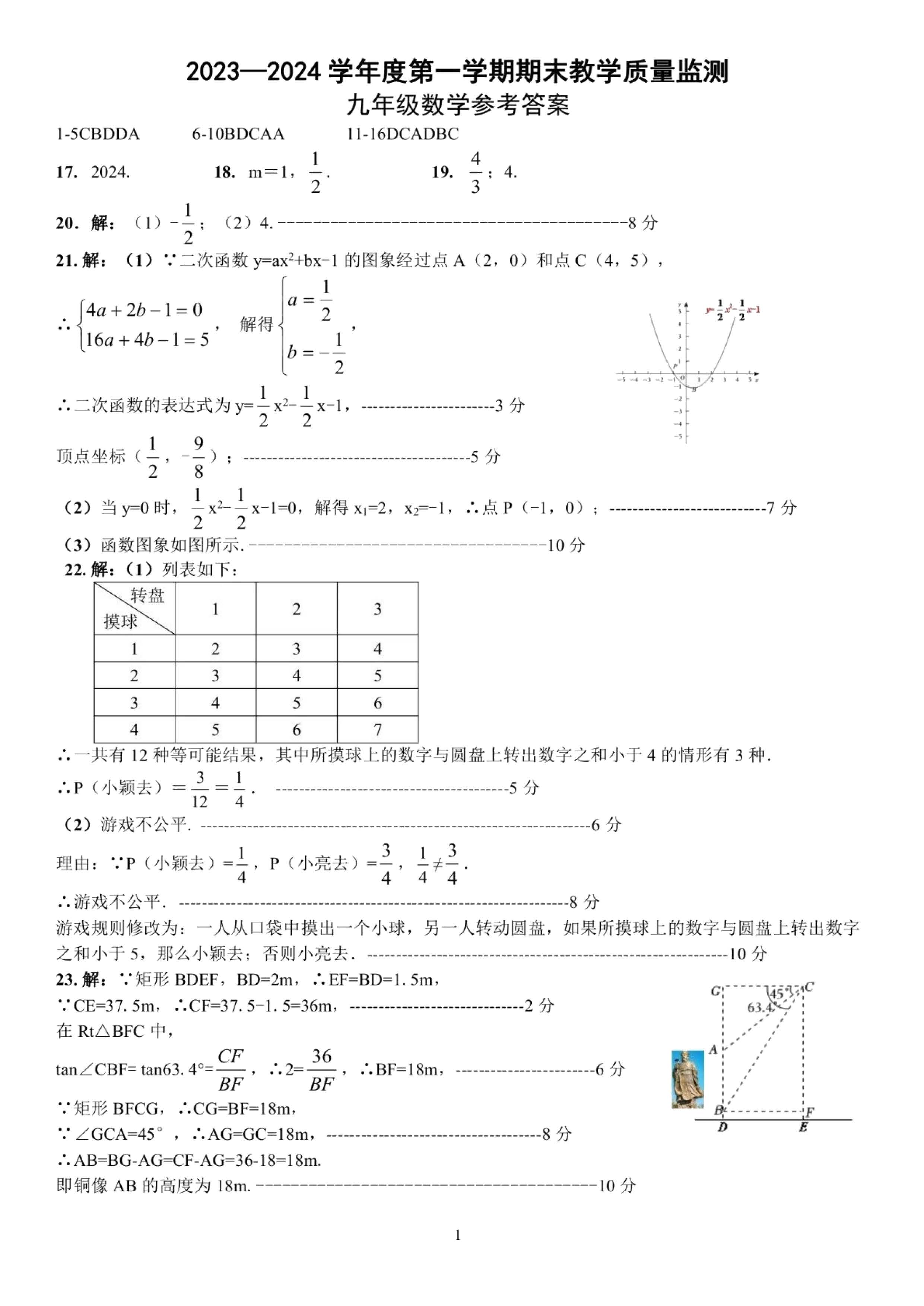 2023-2024学年河北省保定市竞秀区九年级上学期1月份期末考试数学试卷含答案！