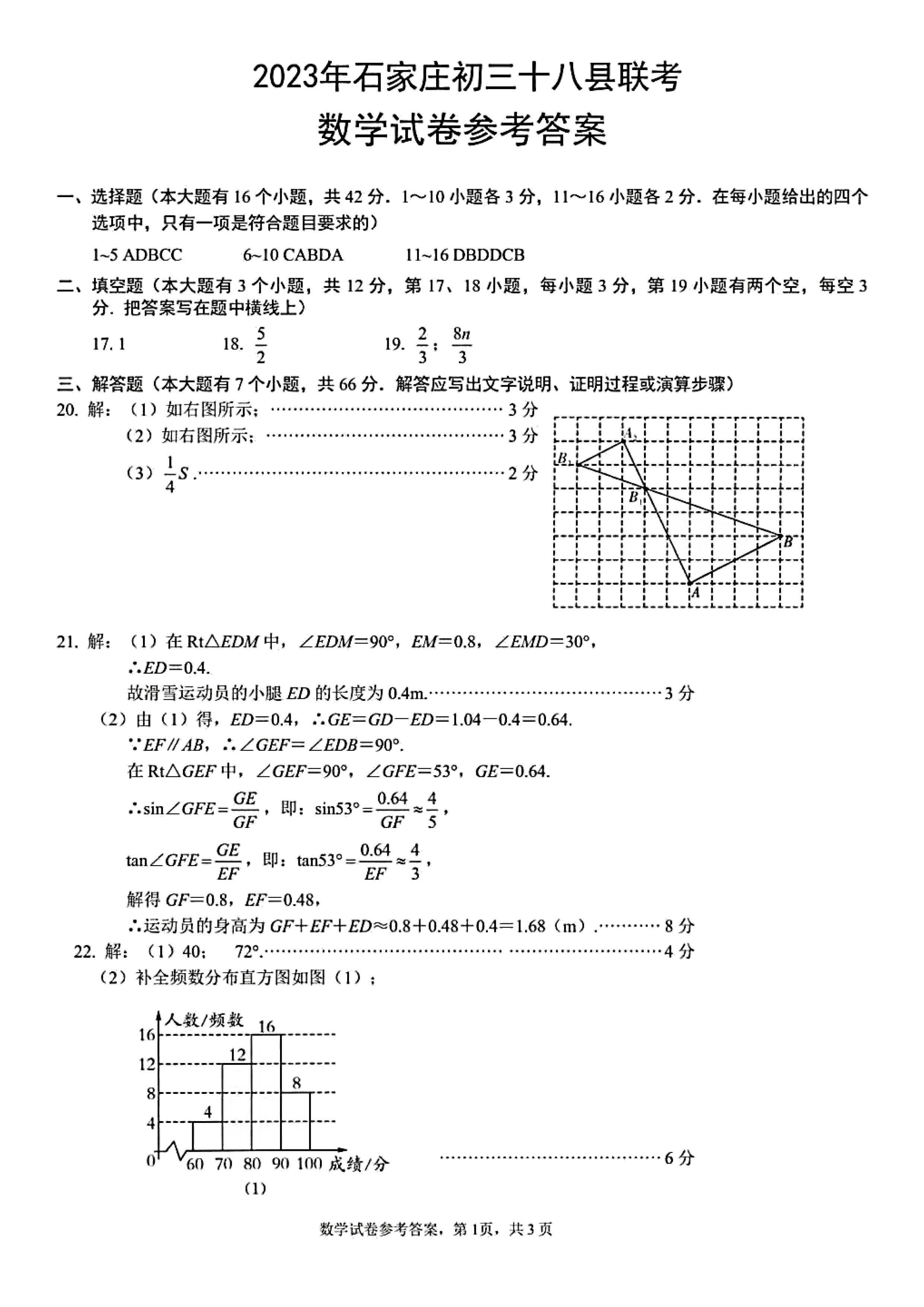 2023年2月份河北省石家庄十八县市部分重点中学联考中考模拟数学试卷及答案！
