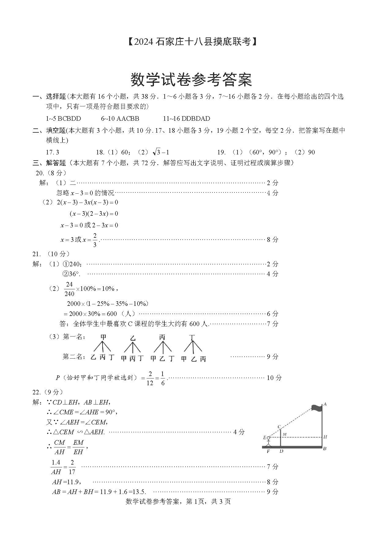 2024年03月份河北省石家庄十八县市区部分重点中学九年级数学摸底考试试题及答案